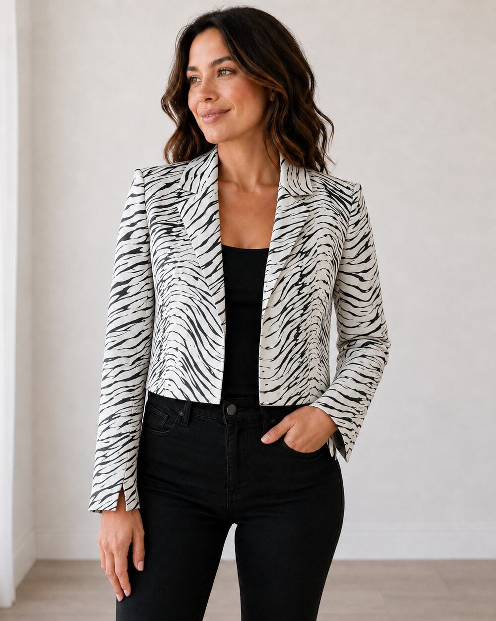 Multiples Women’s M Zebra Print Blazer Black & White Cropped Lined Jacket